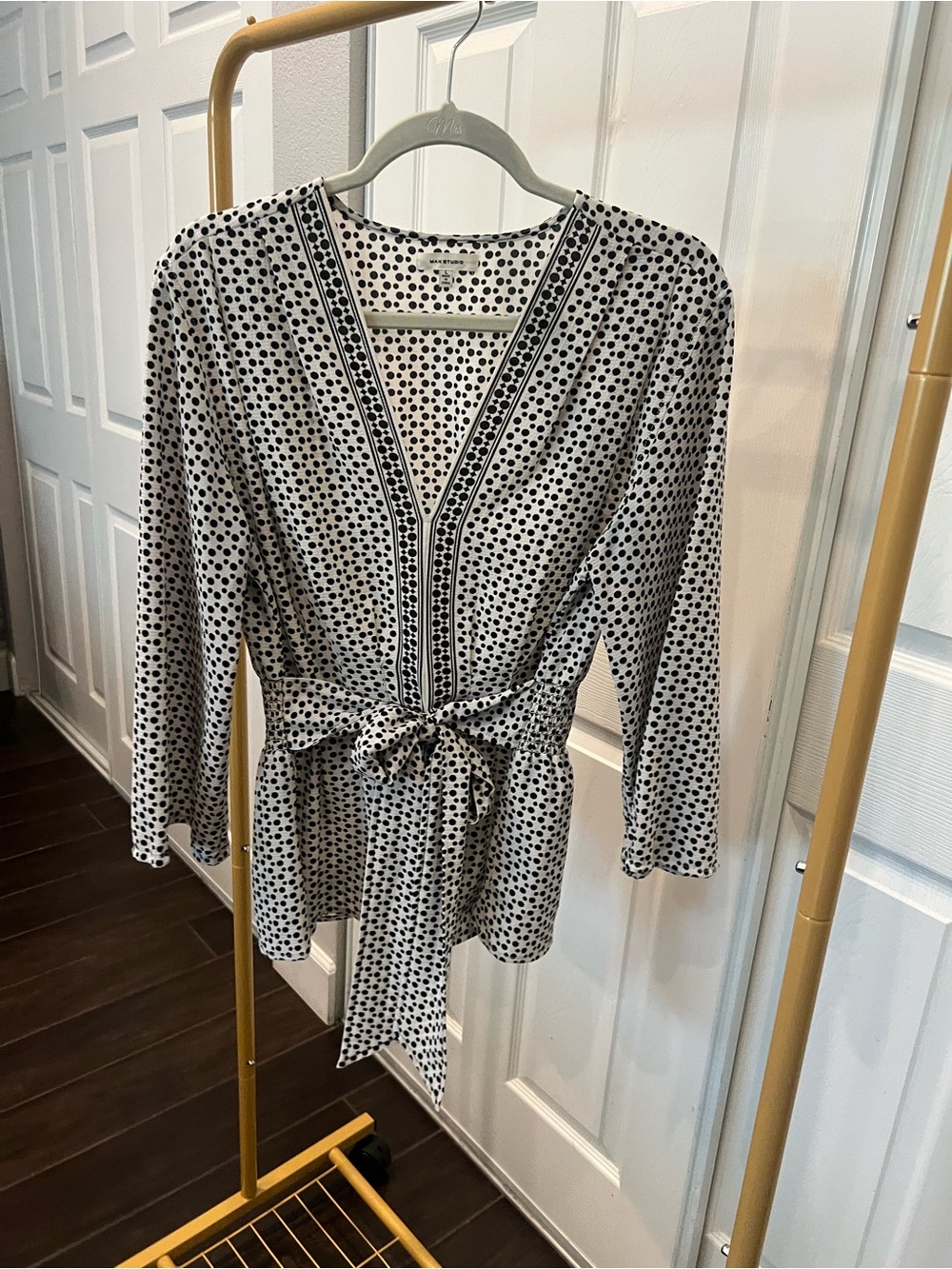 Max Studio White and Black Polka Dot Wrap Top